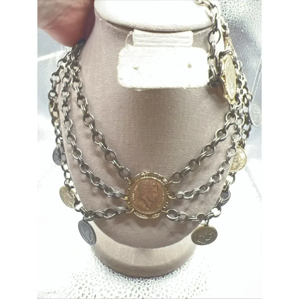 Vtg 1960s Napoleon III Coin Festoon Necklace Multi Strand Revival Runway Piece